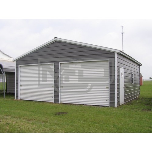 Enclosed Metal Garage | Vertical Roof | 22W x 26L x 9H | 2-Cars